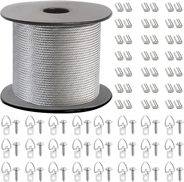 Picture Hanging Wire Kit Braided Stainless Steel Wire Spool 1.5 mm x 100 Feet with 30 Pcs D-Ring Picture Hangers and 30 Screws and 30 Crimp Tube Scientific Ratio. Supports up to 110 lbs