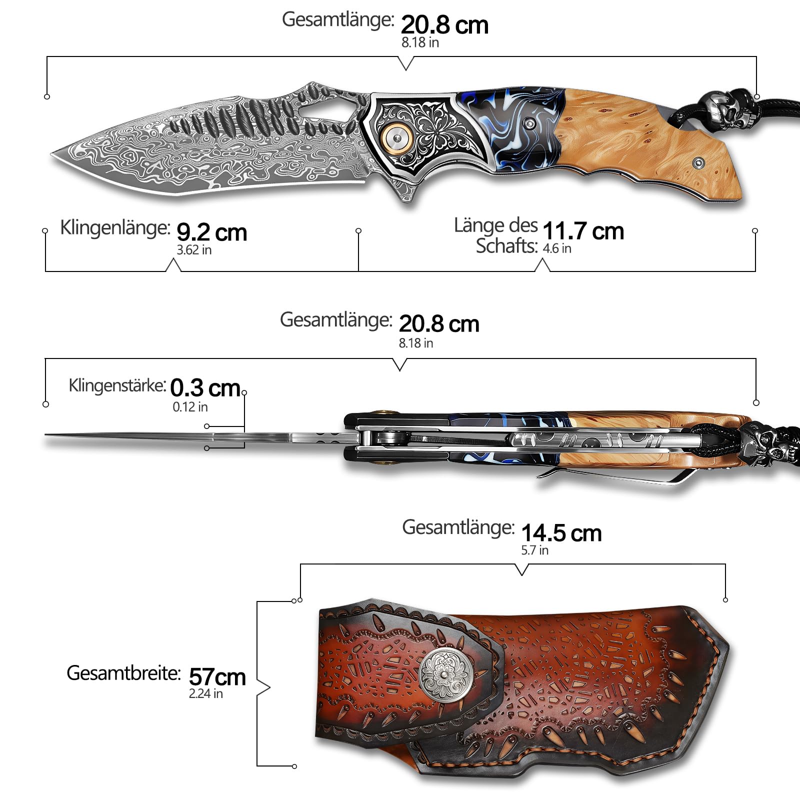 Handgefertigtes Klappmesser aus Damaszenerstahl, 8" EDC-Taschenmesser für Herren, inklusive Lederscheide und Taschenclip, Griff aus Ahornholz mit Harzbeschichtung – ein EDC-Messer, das sich ideal für
