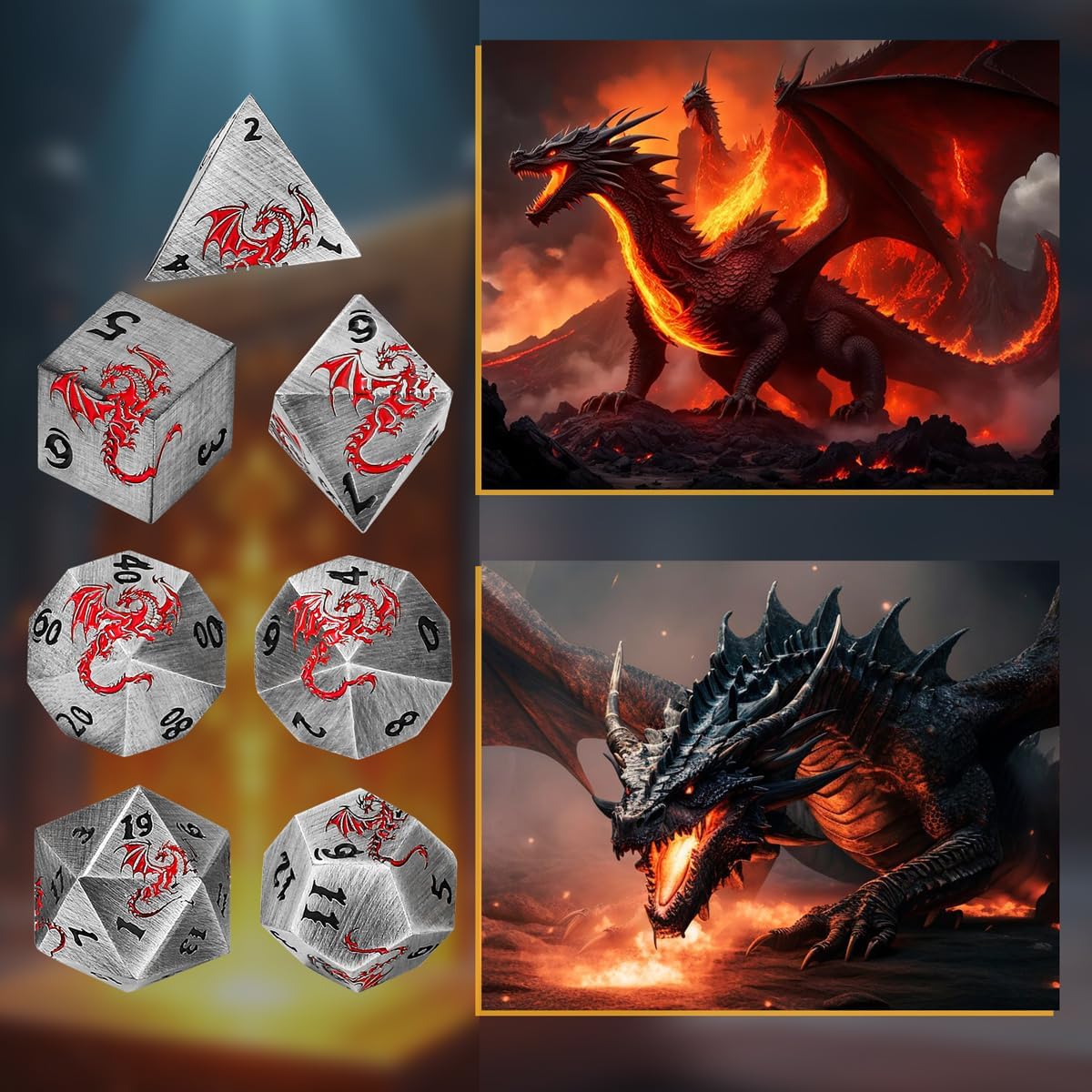 DND Dice Set, Metal 7pcs Polyhedral Dragon Theme Dice, D&D Starter Set, Role Playing Board Games Accessories, DND Gifts with Dragon Bag, Fantasy Game Gift for Men Women, Silver