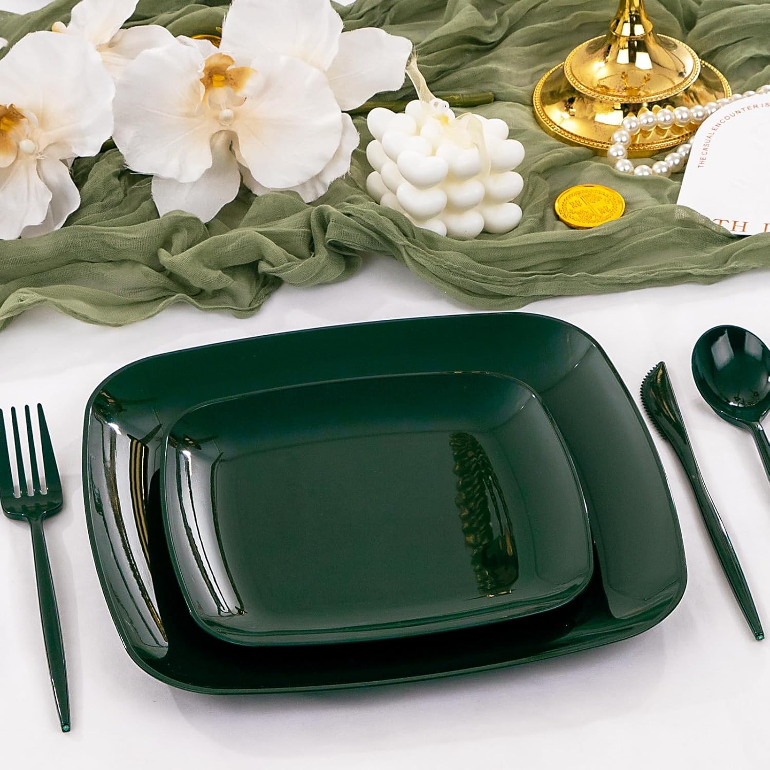 PULOTE 60PCS Green Square Plastic Plates - Green Disposable for 30 Green Guests Include 30 Dinner and 30 Dessert Plates for Party&Christmas - Image 7