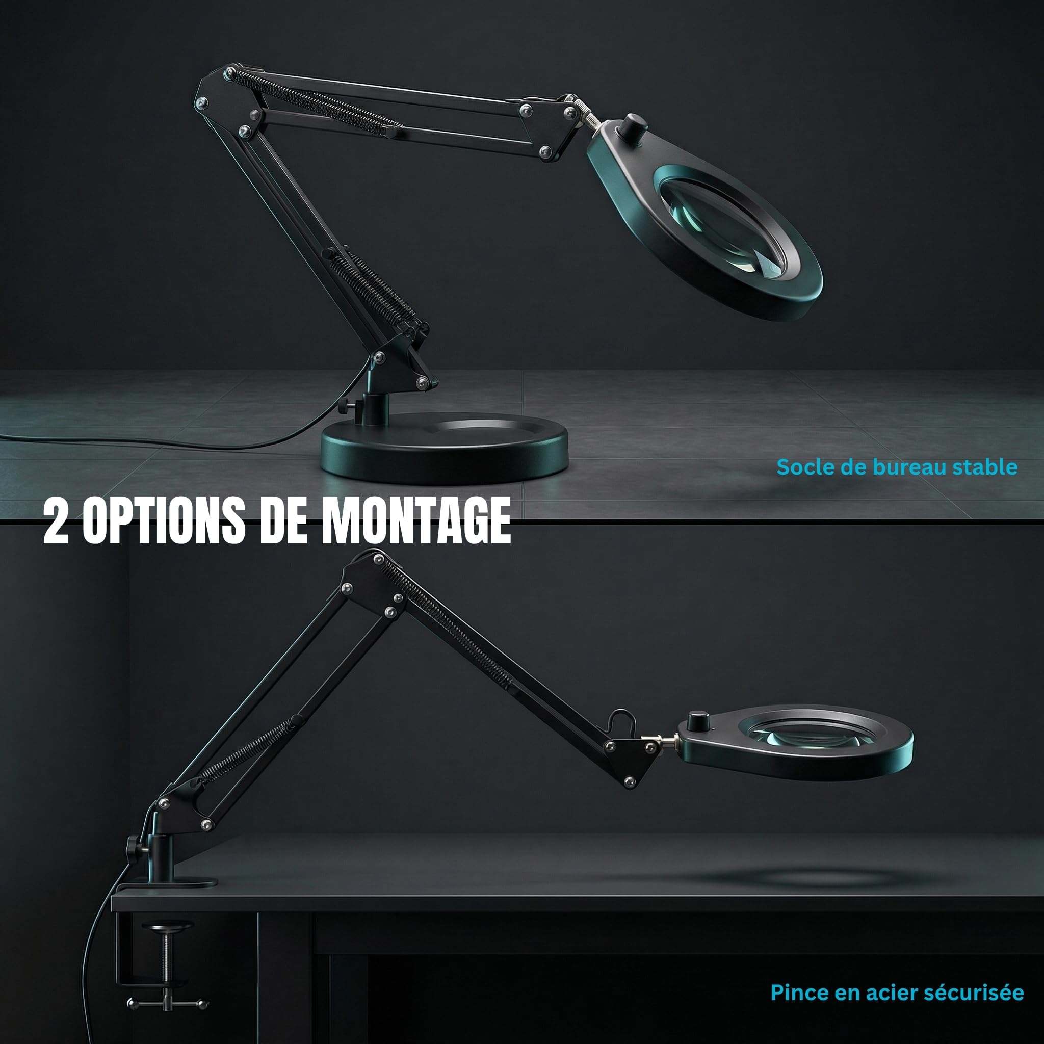 Lampe Loupe avec Socle et Pince, Loupe Éclairée 105 mm 5X, Lumière Dimmable (5 Couleurs, 10 Niveaux, 790 LM), Bras Pivotant Réglable - Mains Libres pour Travaux de Précision