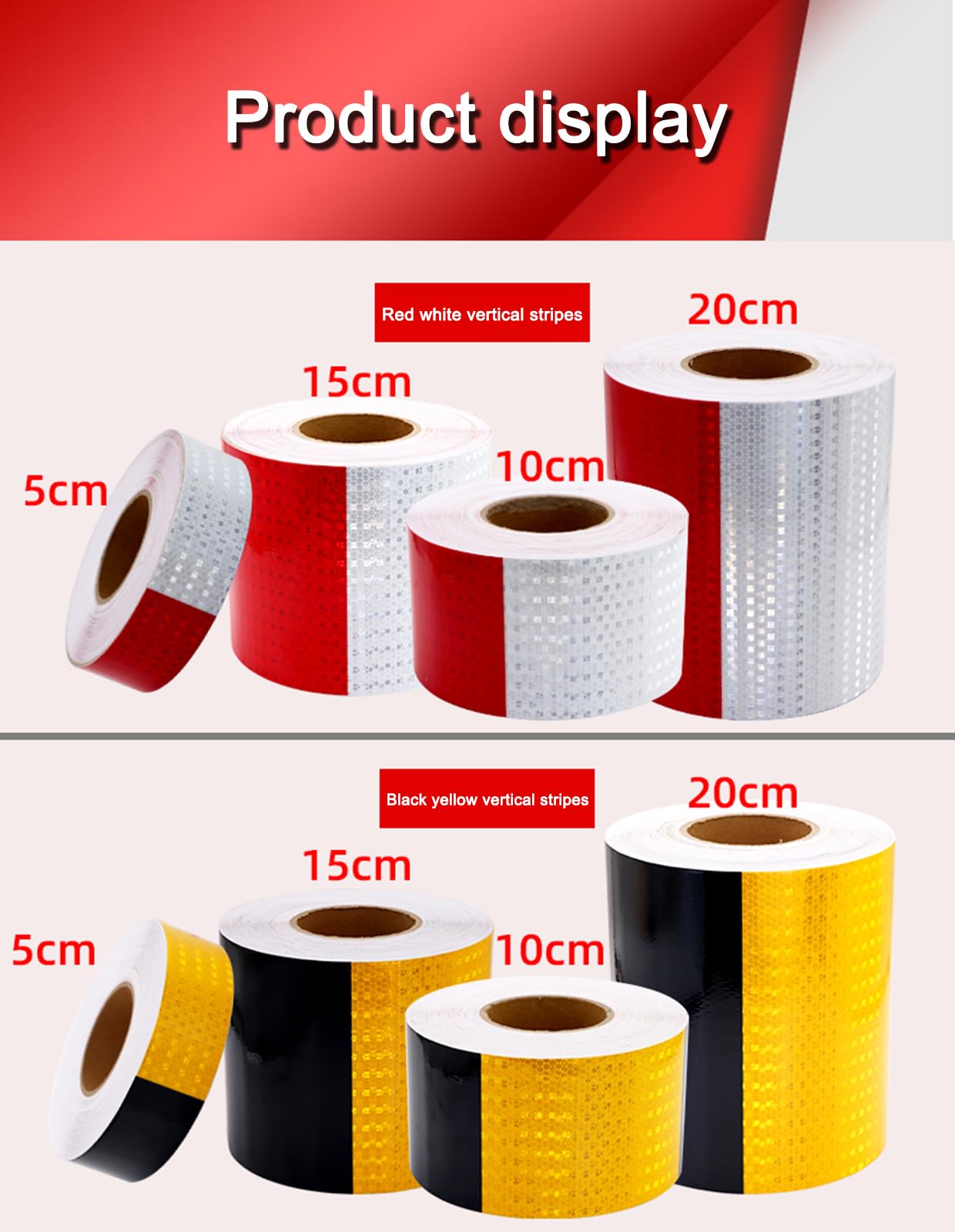 Cinta de señalización de peligro, Cinta reflectante de 32,8 pies con rayas verticales, anchos múltiples, multicolor(Red White,20cm)