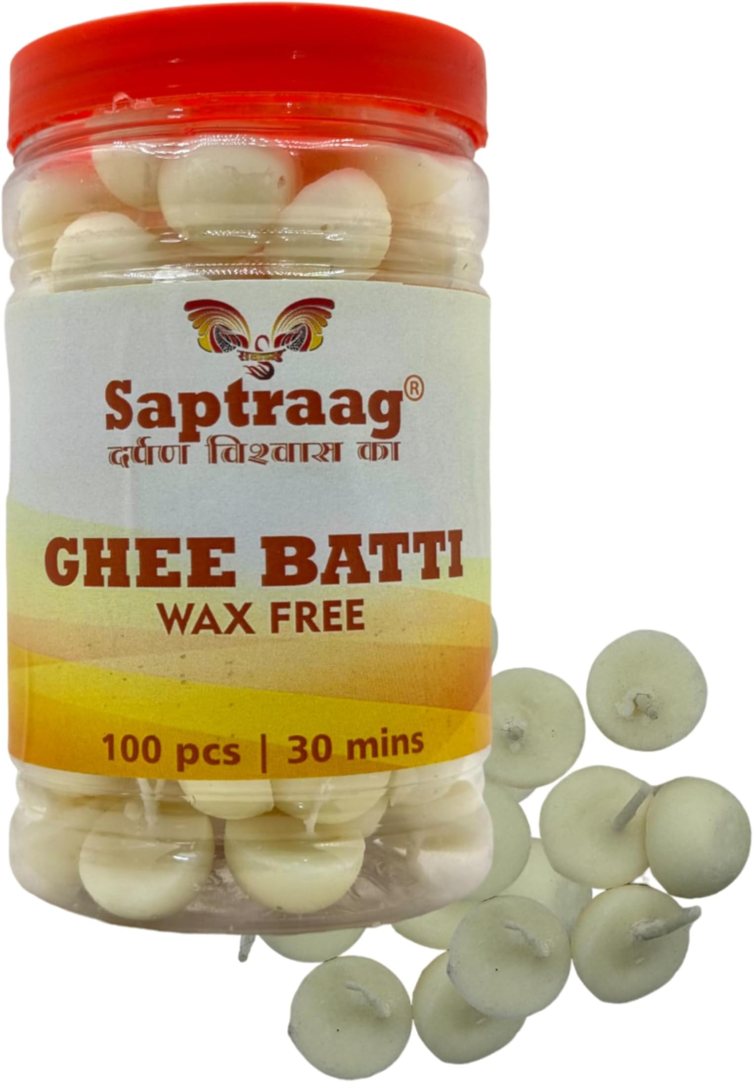 Saptraag 100% Pure Vegan Ghee Diya Batti | Readymade White Ghee wicks with Fragrance (Wax Free | 100 pcs Jyot bati per Box)