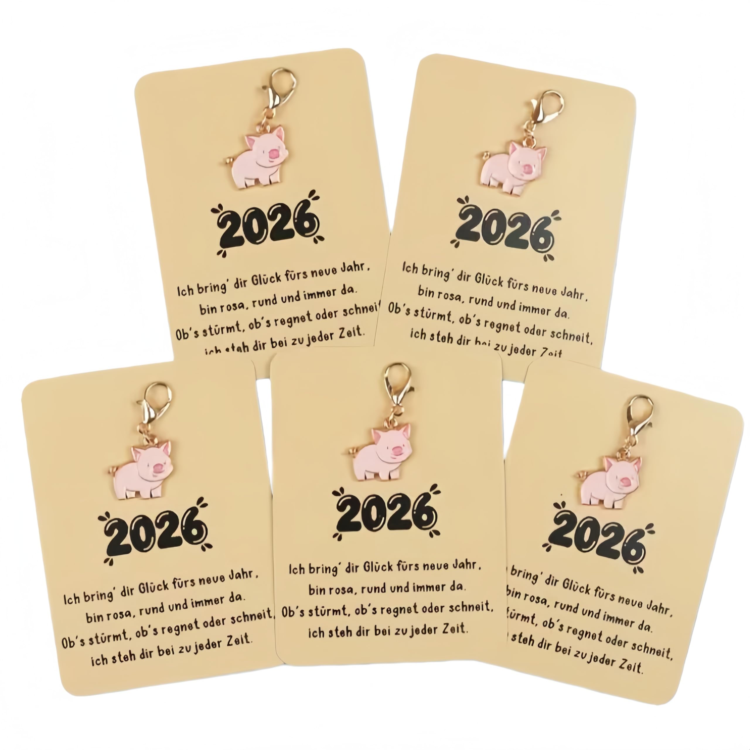 CCUUHJ Glücksschwein Anhänger 2026, Rosa, 5 Stück | Schweinchen Schlüsselanhänger mit Karte, Glücksbringer Gastgeschenke, Abschiedsgeschenk Kleine Glücksbringer