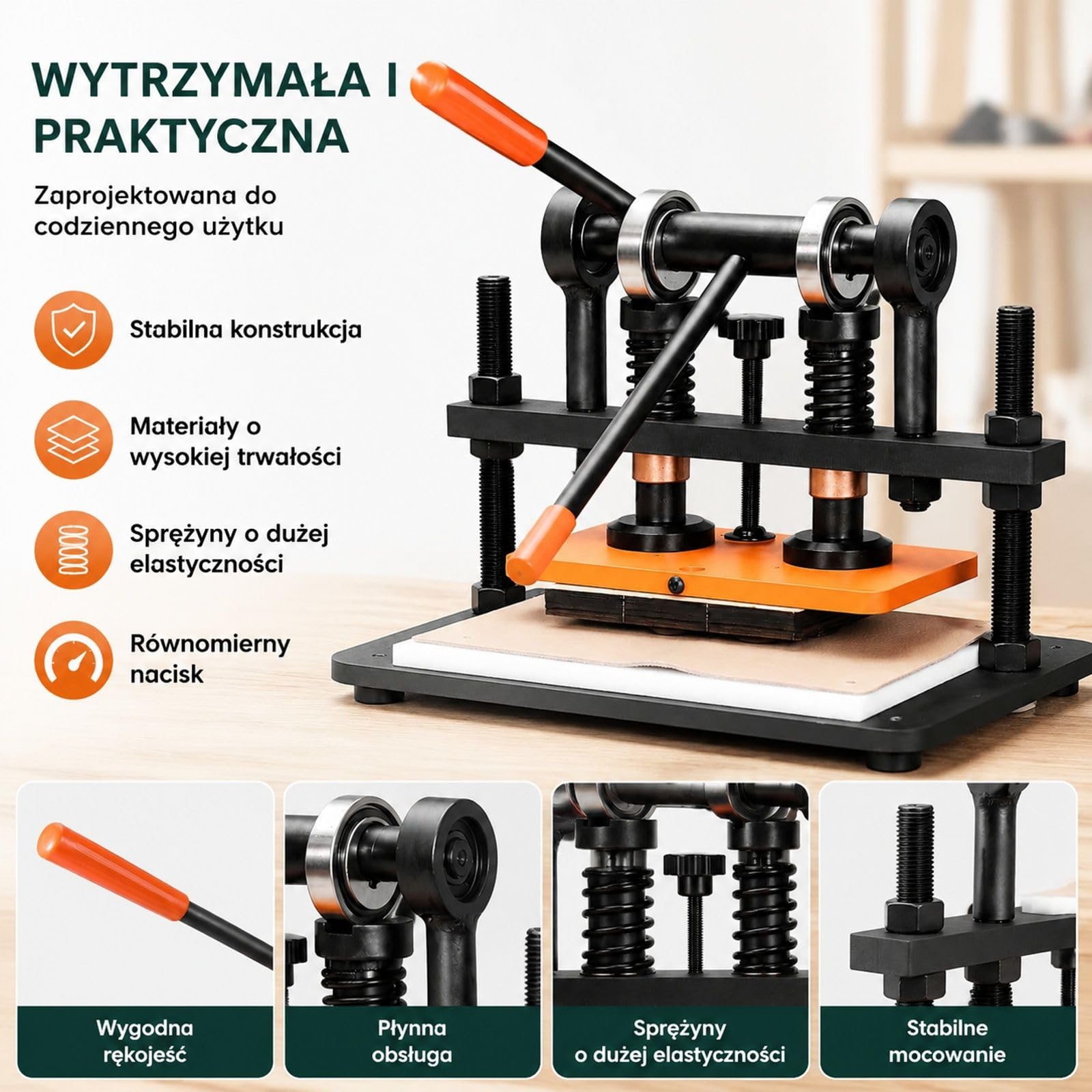 Ręczna prasa do dziurkowania skóry i tłoczenia, pianki PVC/EVA oraz materiałów nieprzylepnych, regulowany skok