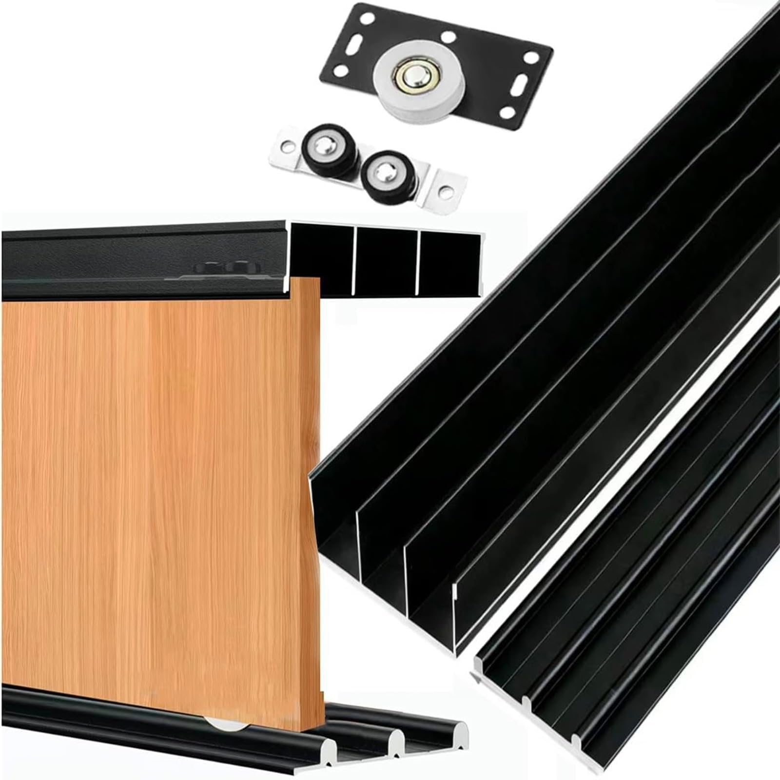 Zestaw szyn do drzwi przesuwnych, wytrzymały system osprzętu do trzypanelowego obejścia, aluminiowe szyny z cichymi rolkami, do drzwi szafy działowej 15-18 mm