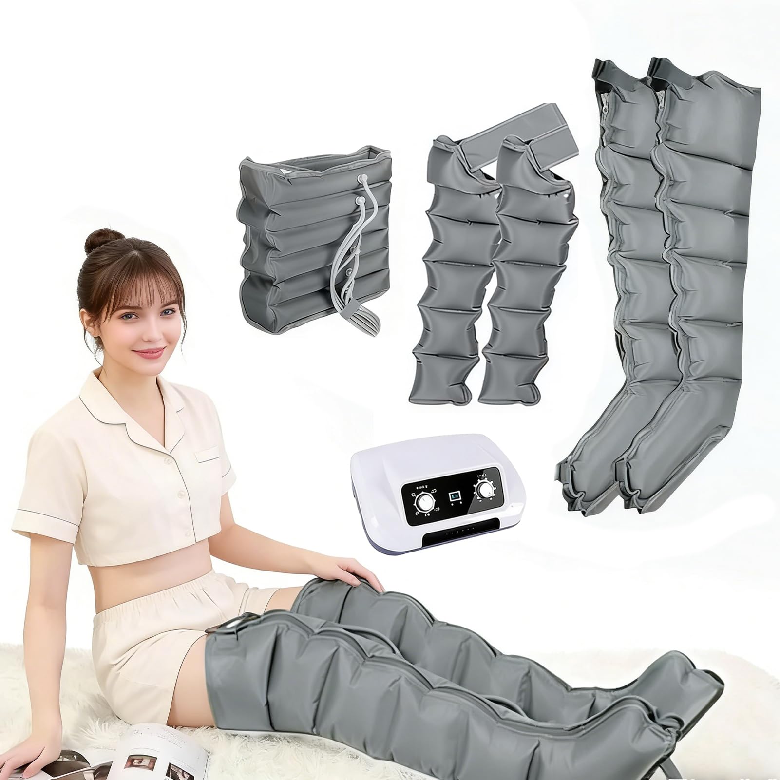 Botas Presoterapia Piernas︱ Presoterapia Piernas y Abdomen︱ 6 Camaras Maquina Masajeador Drenaje Linfatico Circulación︱ 0-30 Min︱ 0-240 mmHg Ajustables (Paquetes Combinados Opcionales)