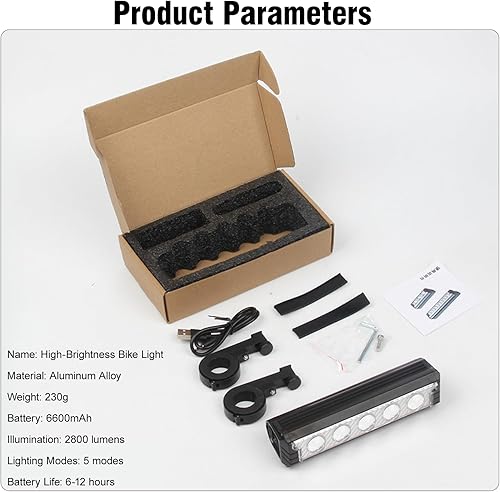 Miniatura 8 de Faro de bicicleta recargable súper brillante, 2800 lúmenes, 5 LED, luz de bicicleta con 5 modos de iluminación, batería recargable USB de 6600 mAh,