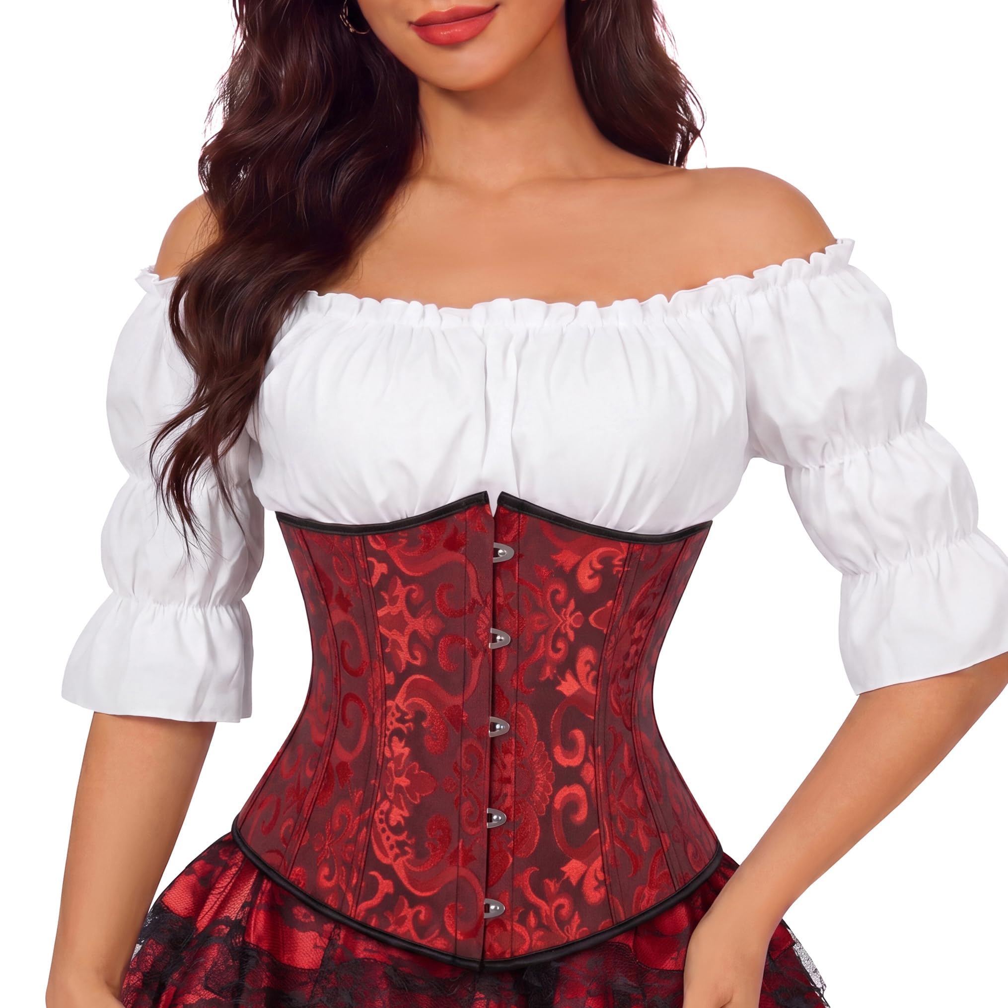 Zhitunemi Renaissance Underbust Corset Top for Women Lace-Up Pirate Costume | 100% polyester with plastic boning,front hooks,lace-up back and modesty panel,XXS-7XL for Ren Faire and Halloween styling