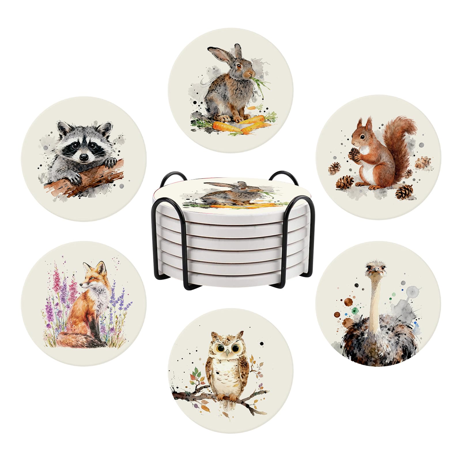 Funny Animals Coasters for Drinks, Ceramic Coasters for Drinks, Set of 6 Drink Coasters with Metal Holder, Absorbent Round Non-Slip Drink Coffee Bar Mug Cup Coaster Decoration Gifts โ image 1