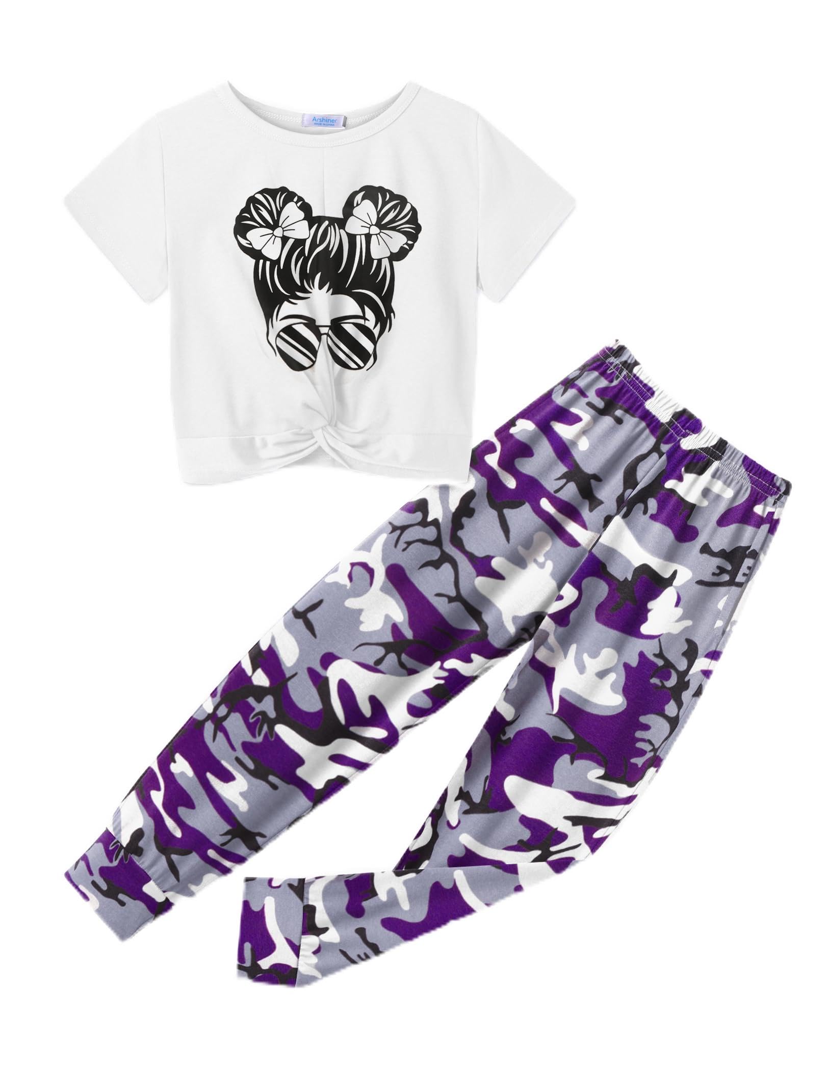 Arshiner Girls 2 Piece Outfits Twist Front Tops and Sweatpants Clothing Set | Short Sleeve Crewneck Elastic Waist Pants with Pockets Casual Spring Summer Fall Winter Clothes