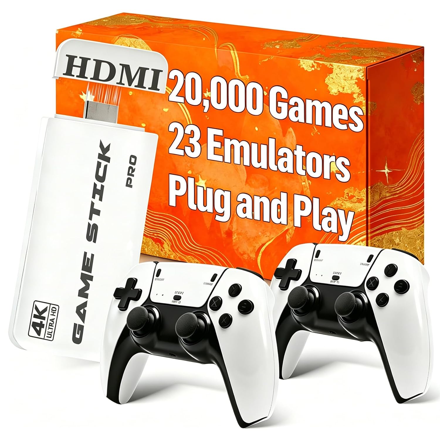 Retro Gaming Console Stick with 20,000 Built in Games, 4K HDMI Plug n Play, Dual 2.4G Wireless Controllers with Lag Free Connection, Supports Game Save and Load, Classic Emulator Console 64GB Memory,Gift for Family and Kids