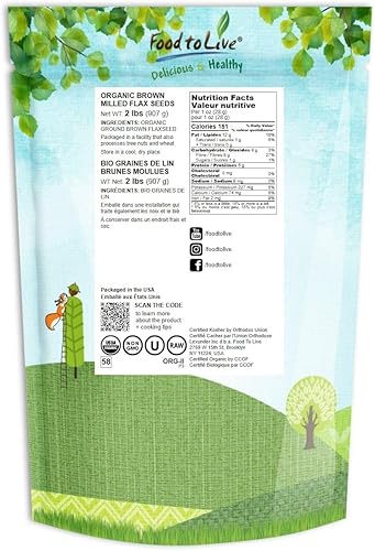 Miniatura 2 de Harina de linaza marrón orgánica, 2 libras, sin OMG, kosher, molida en frío a partir de semillas enteras crudas, polvo puro, superalimento vegano, a