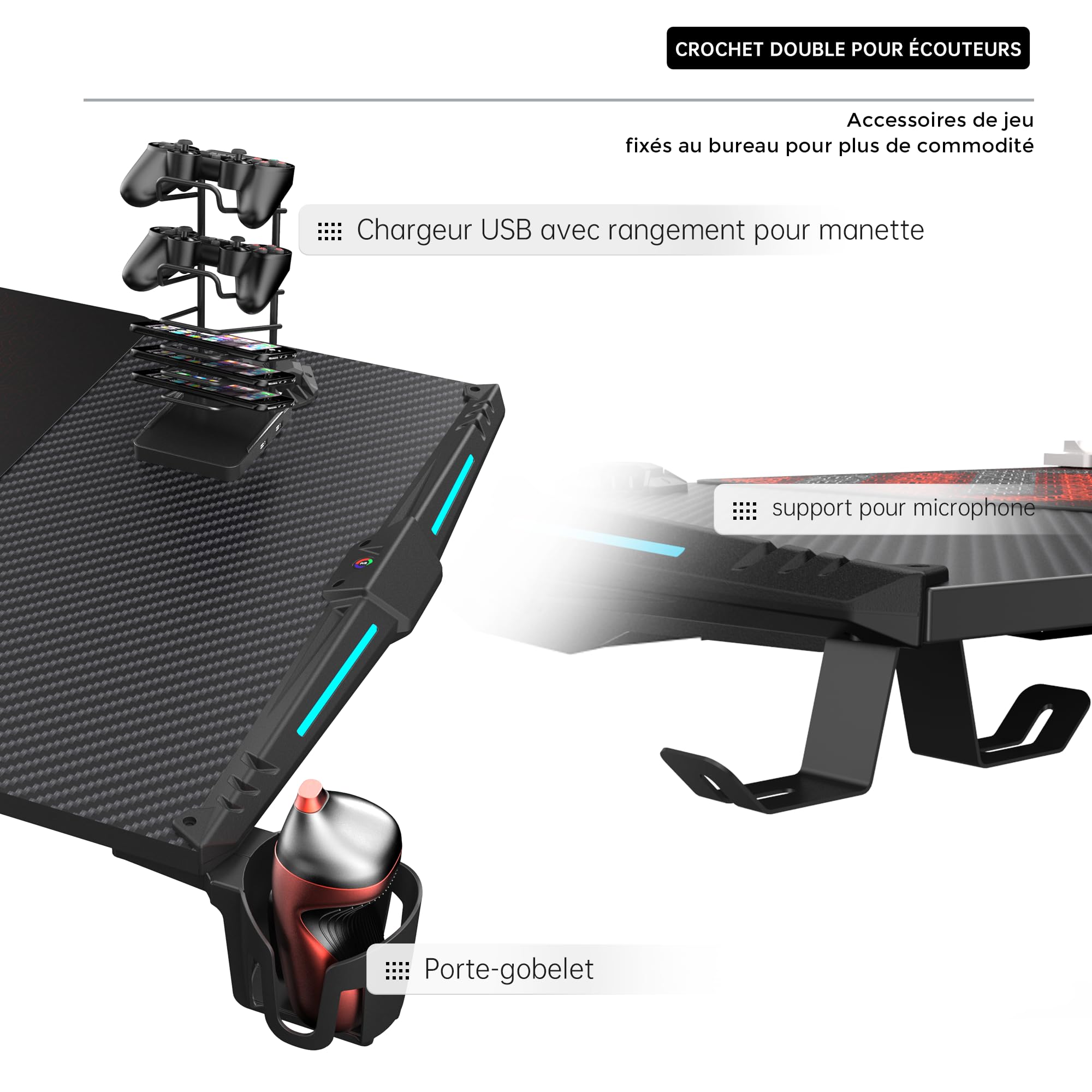 EUREKA ERGONOMIC Bureau Gaming LED Bureau Gamer 140x60 cm Bureau Informatique pour Gaming PC avec Lumière RGB, Gratuit Tapis Souris, Porte Gobelet, Crochet Casque