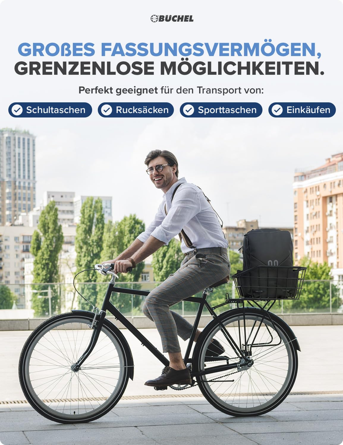 Büchel Fahrradkorb Jumbo hinten aus hochwertigem Aluminium mit verstärkten Kanten I Fahrrad Korb für hinten inkl. Befestigungsmaterial | Fahrradkorb hinten groß I Schultaschen Korb