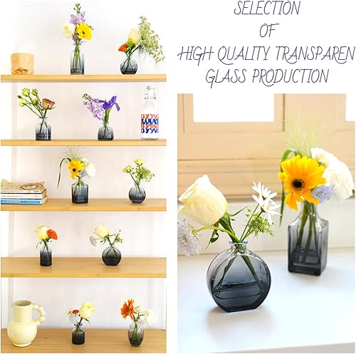 Miniatura 4 de Juego de 12 jarrones de cristal transparente negro, pequeños jarrones para centro de mesa, jarrones modernos a granel, mini jarrón de vidrio para