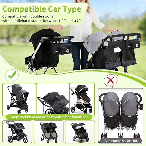 Miniatura 2 de Organizador doble para cochecito compatible con BOB Duallie y Baby Jogger City Mini GT2 cochecito doble, accesorios para cochecito de bebé doble con