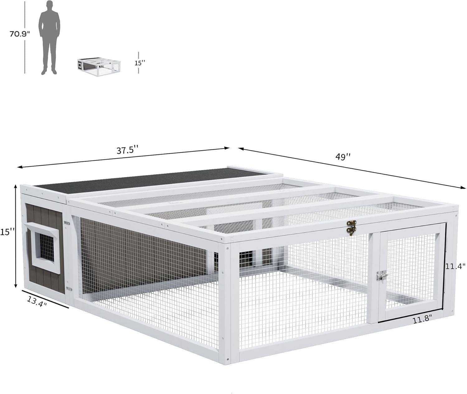 Large Tortoise Hidden Habitat Enclosure Wooden Turtle House Indoor Outdoor with Asphalt Roof & Ventilating Wire Fence for Small Animals Outside Garden Backyard (White1)
