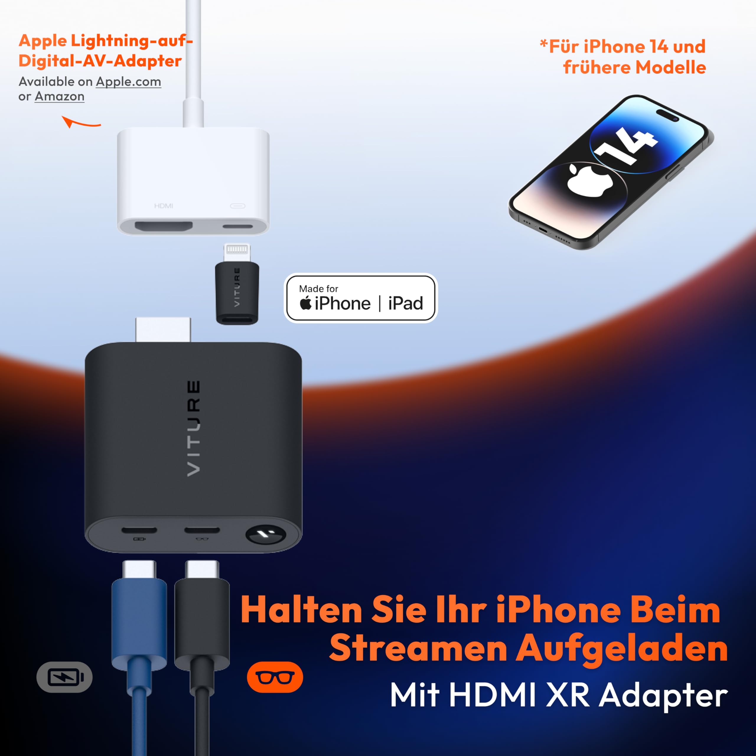VITURE HDMI XR-Adapter für iPhone 14 & frühere Modelle, ermöglicht MultiScreen/verbesserte 3DoF/VR-Videos,2,8 Stunden Batterielaufzeit, Laden während des Spielens, Direkt auf PS/Xbx/konsolen