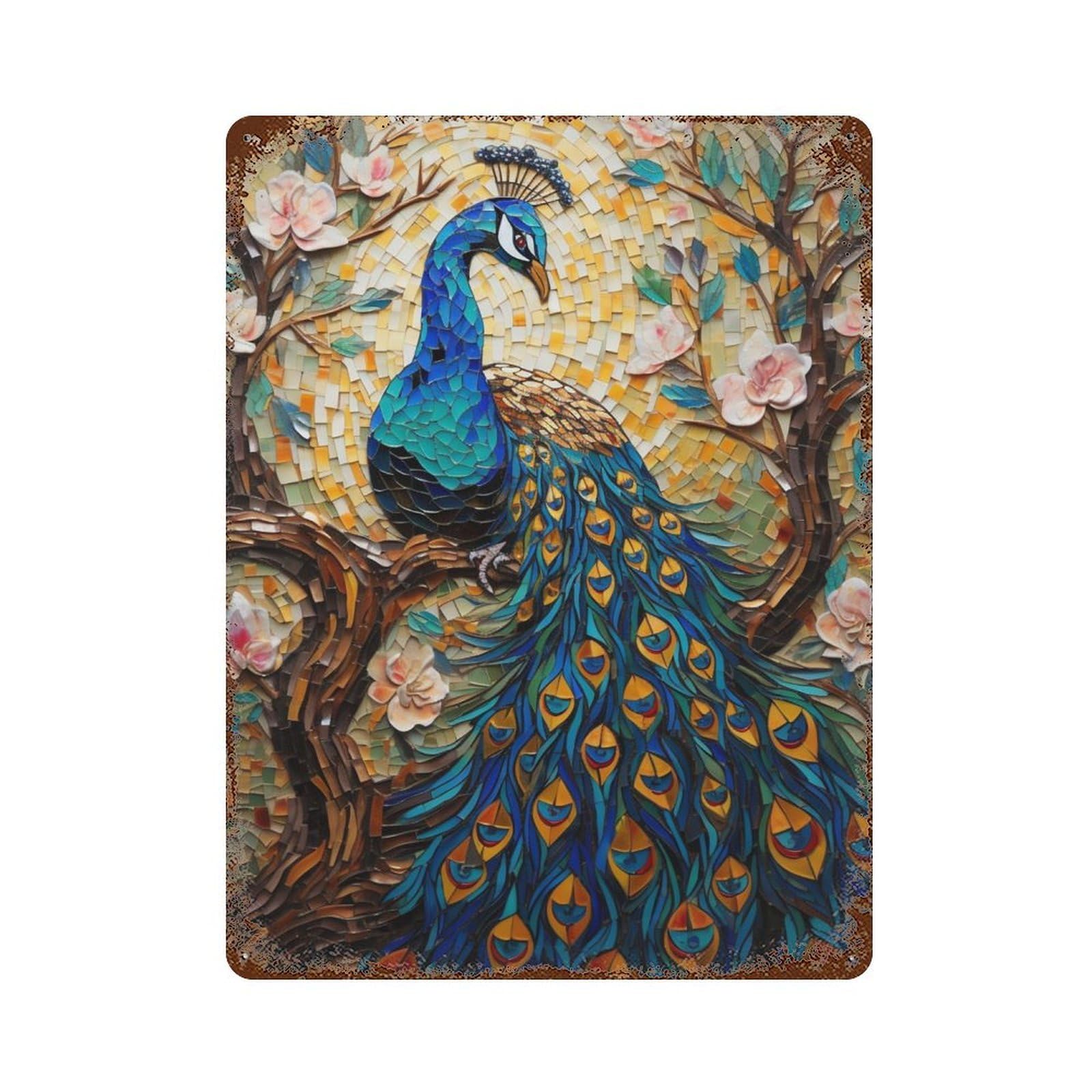 Rust Effect Peacock Mosaic Artwork Decorative Tin Sign 15.7"x11.8", Classic Wall Plaque for Pub, Kitchen And Man Cave Decor