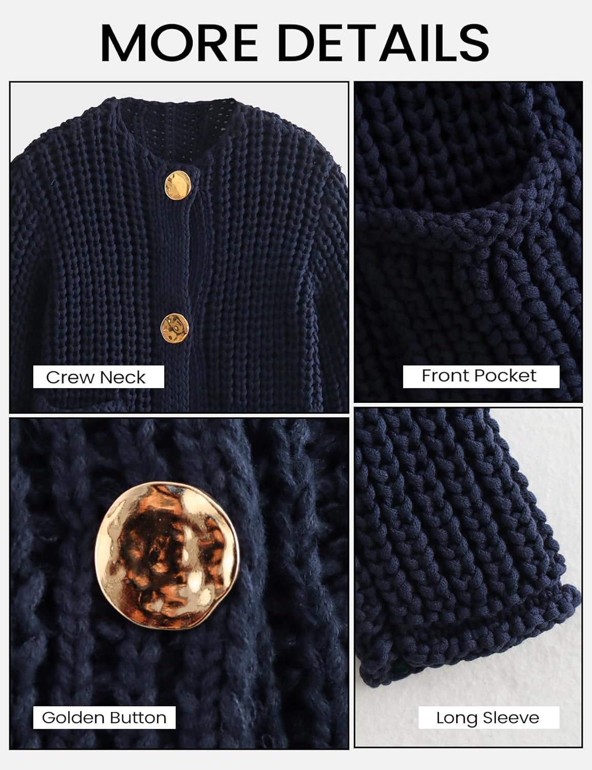 Yimoon Women's Cropped Cardigan Sweater Button Down Long Sleeve Chunky Knit Cardigan Fall Open Front Sweater Coat with Pocket(Navy-L), Large - Image 7