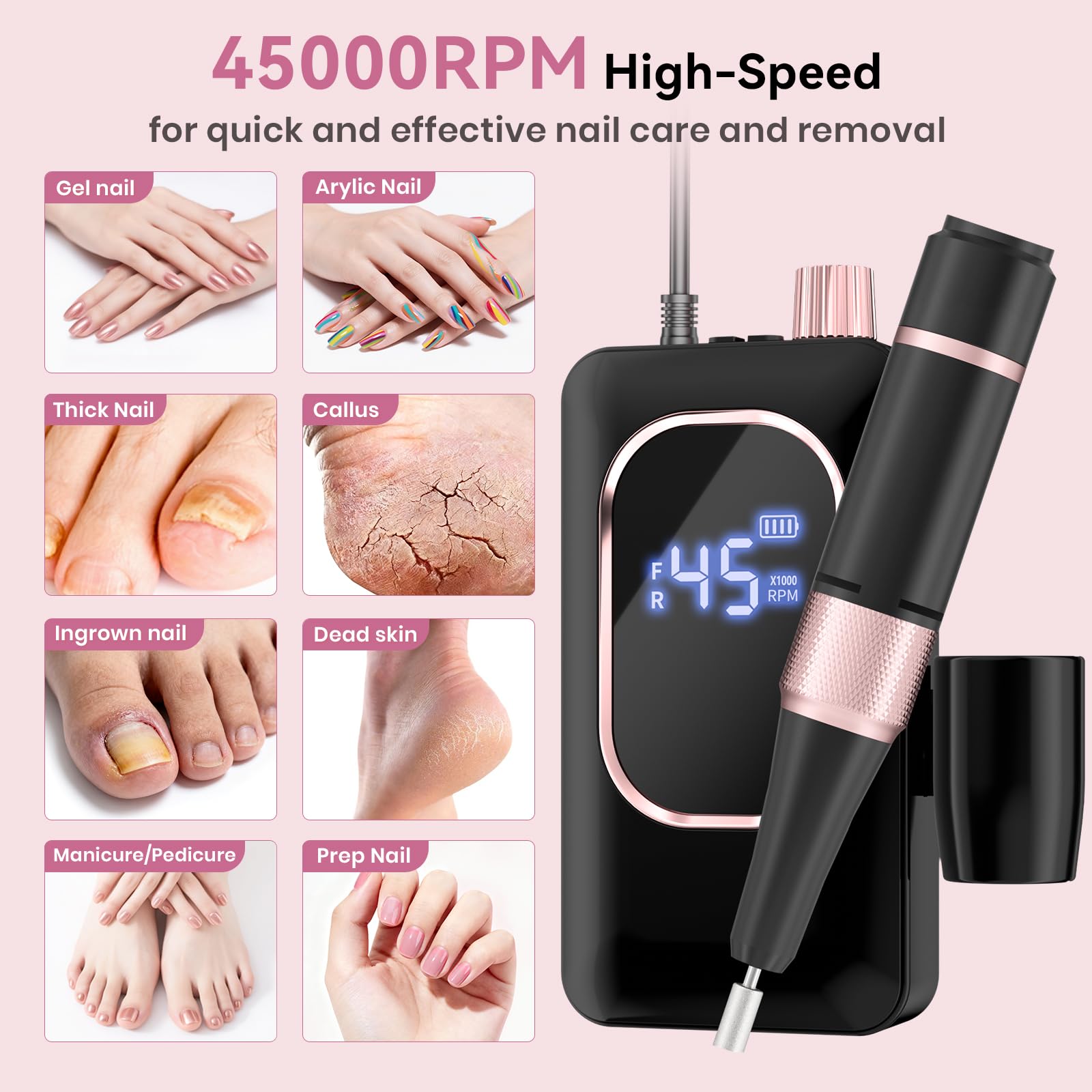 Elektrische Nagelfeile, Schwarze Nagelbohrmaschine Pro Wiederaufladbar 4000mAh mit 8 Stunden Laufzeit, 45000U/min Acryl Nagel Kit für Gel, E Feilen Set mit 6 Bits, 7 Bändern, LED-Bildschirm
