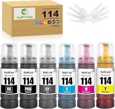 114 Ink Replacement for Epson 114 Ink Bottle Multipack Compatible for EcoTank ET-8500 ET-8550 (6-Pack, Black/Photo Black/Cyan/Magenta/Yellow/Grey)