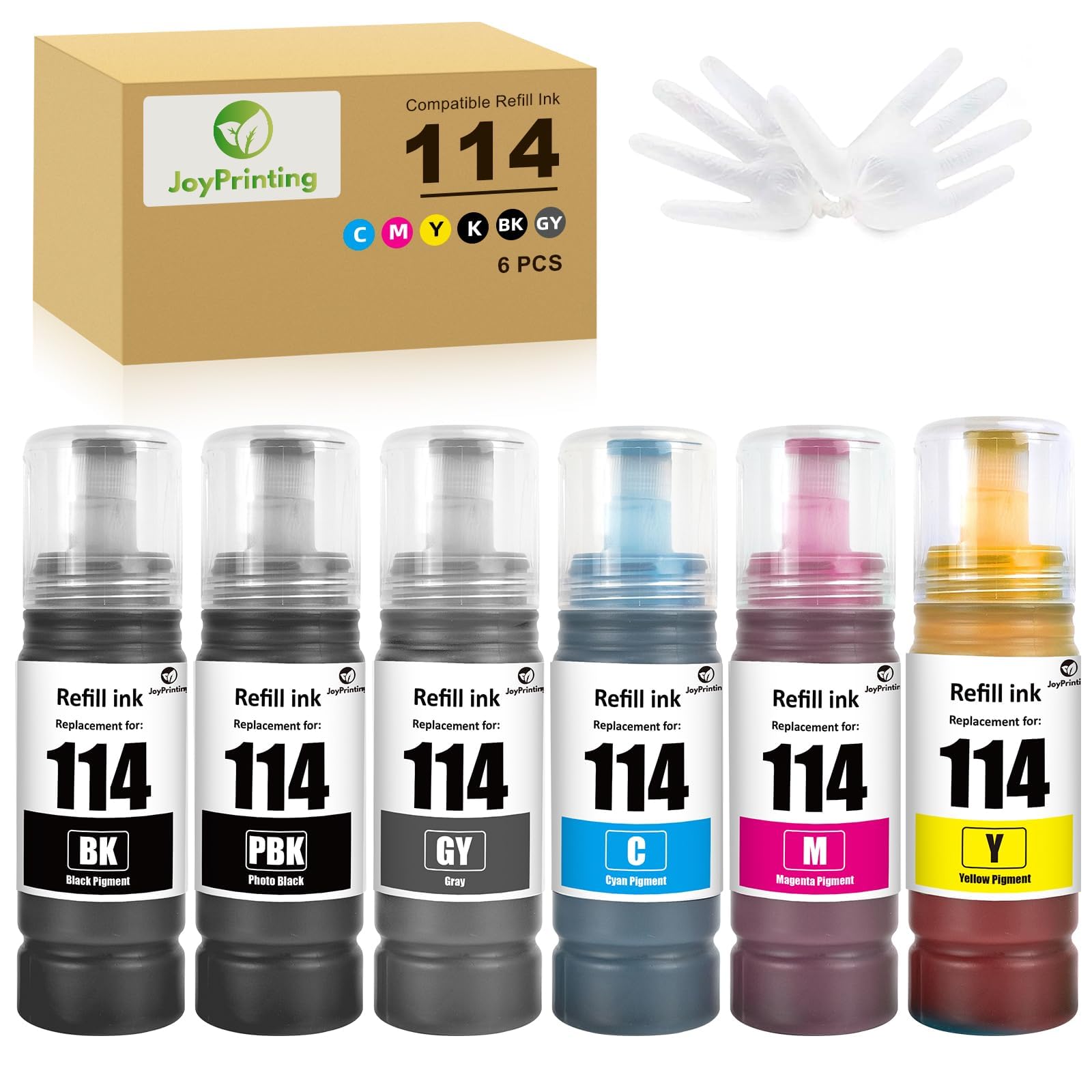 114 Ink Replacement for Epson 114 Ink Bottle Multipack Compatible for EcoTank ET-8500 ET-8550 (6-Pack, Black/Photo Black/Cyan/Magenta/Yellow/Grey)
