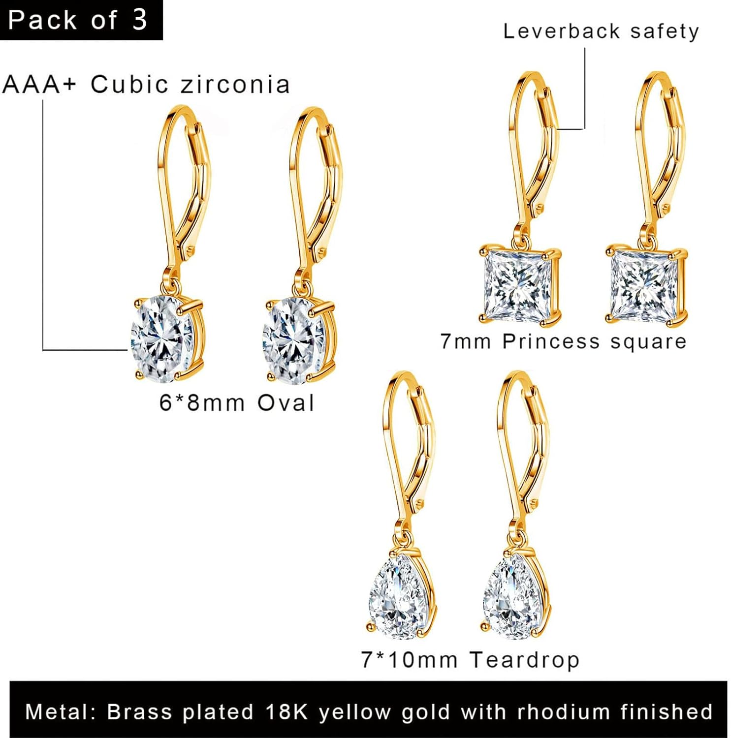 MDFUN 18K Gold Plated Dangle Earrings for Women Leverback Earrings Set Cubic Zirconia Drop Earrings Hypoallergenic Jewelry Gifts for Her - Image 2