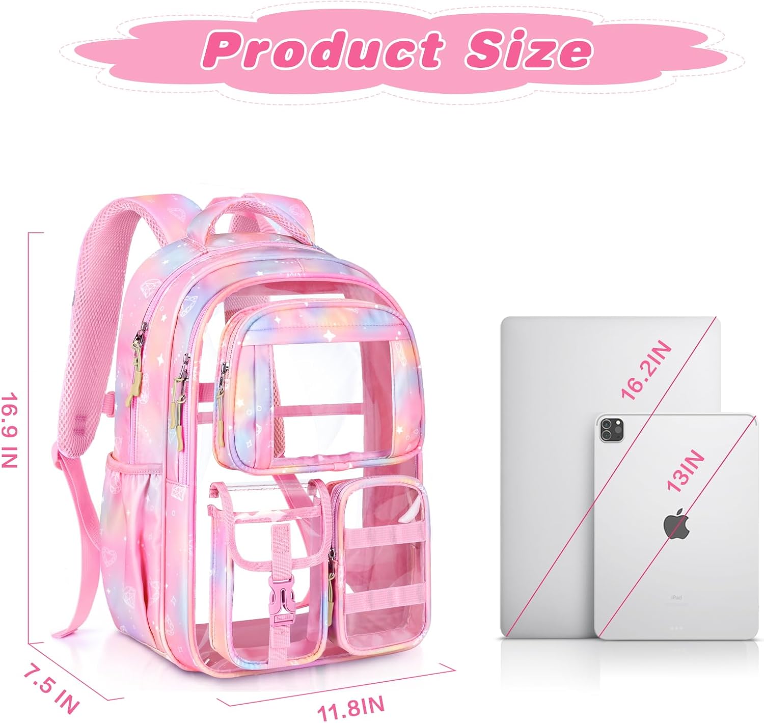 PAMANO Clear Backpack for Girls, Heavy Duty Transparent Bookbag for Kids, See Through Cute Backpacks for Elementary Primary School Work Sport Travel - Pink - Image 5