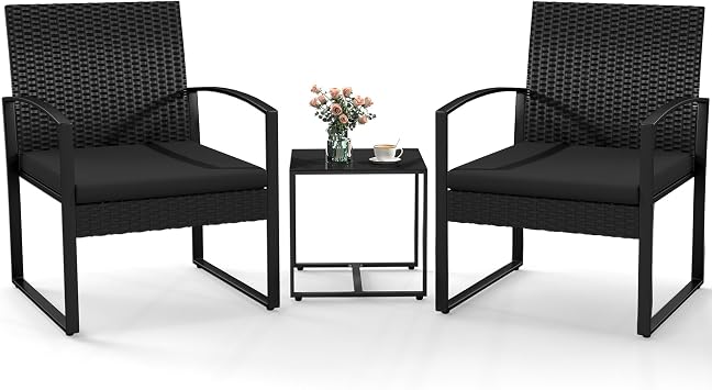 Murago 3 Piece Patio Bistro Set, All-Weather Wicker Outdoor Conversation Set with Coffee Table, Modern Rattan Chair Set with Removable Cushions for Balcony Garden Poolside Yard, Black/Black