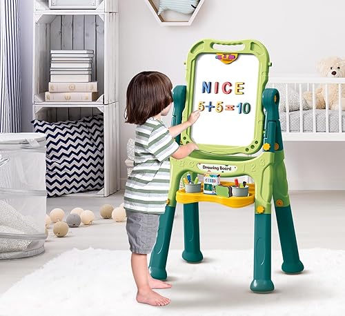 Miniatura 5 de Caballete de arte para niños con tablero de dibujo magnético, caballete de doble cara con letras y números magnéticos, caballete de pie ajustable