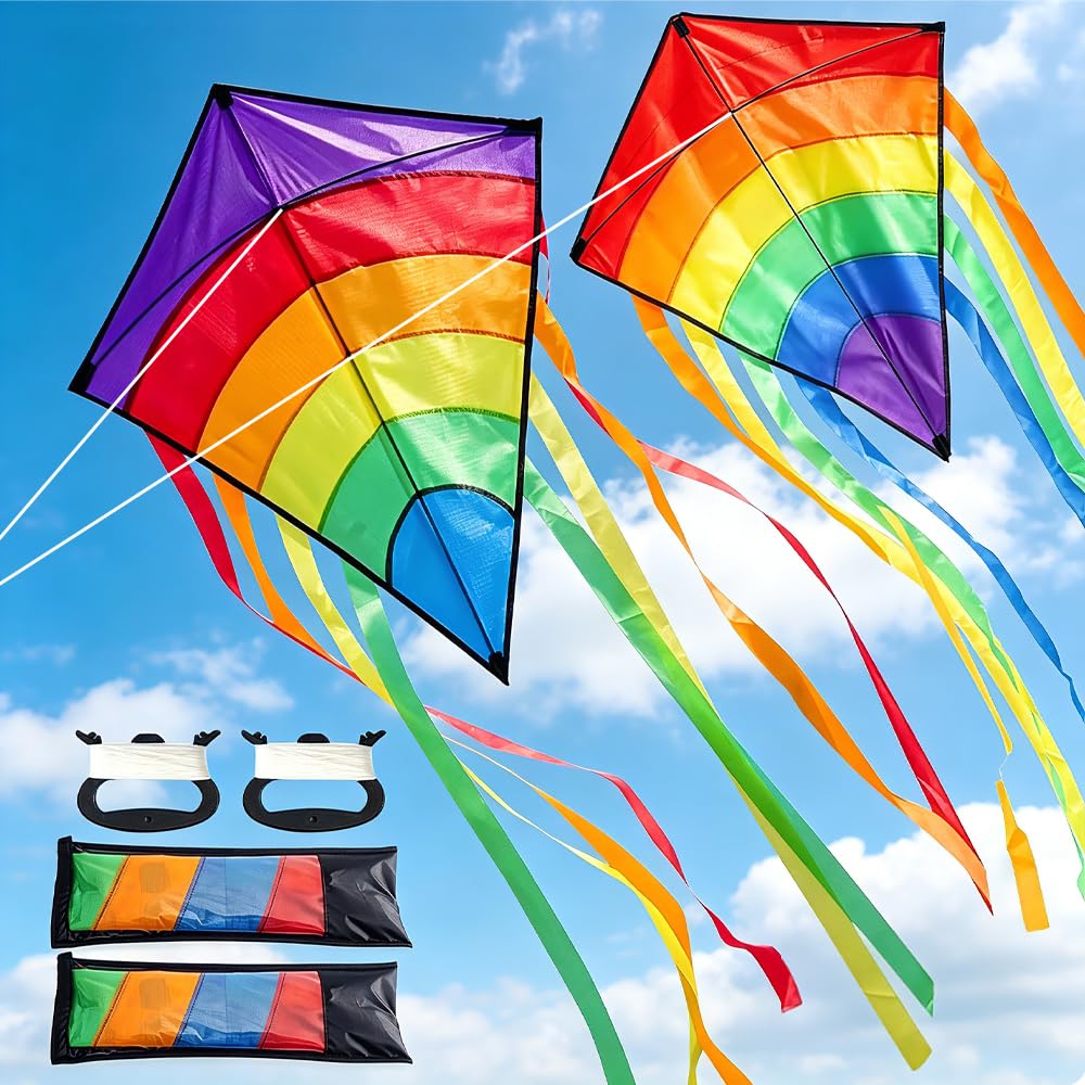 Kite for Kids & Adults, Rainbow Diamond Kites for Kids Ages 4-8 Easy to Fly, Colorful Kite in Light or Strong Wind, Outdoor Flying Toys for Beach, Park, Garden, Great Gift Idea (2 Pack Kites)