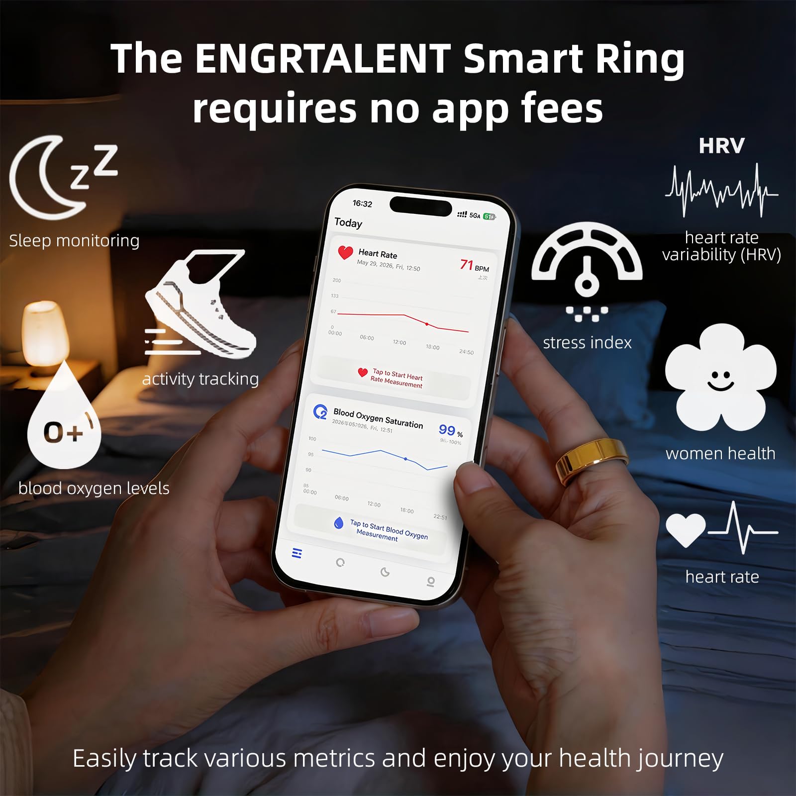 Anillo inteligente para mujeres y hombres, anillo de seguimiento de fitness con estuche de carga, soporta frecuencia cardíaca, HRV, oxígeno en sangre, IP68 impermeable, anillo de seguimiento del sueño
