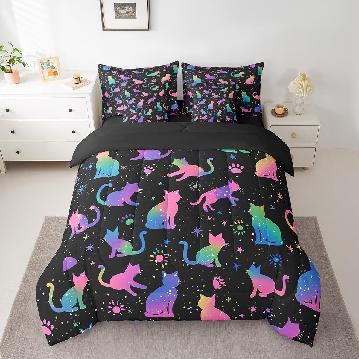 Erosebridal Kawaii Cat Queen Comforter Set 7-Piece for Boys Girls Cute Kitten Animal Bedding Comforter Sets, Black and Pink Bed in a Bag Super Cozy 7 Pieces