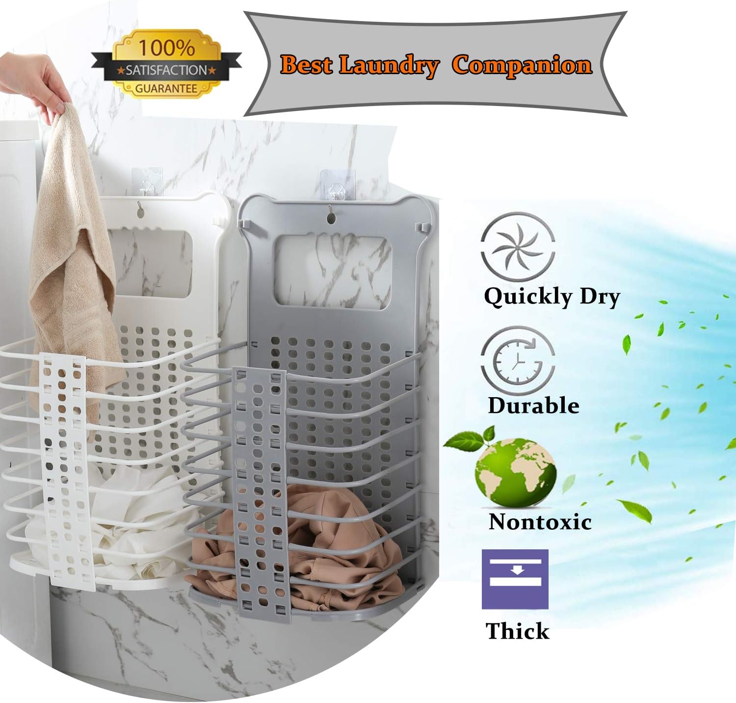 Large Laundry Basket Collapsible Hanging Laundry Basket with Handles Tall Plastic Dirty Laundry Basket Storage for Women Kid's Room Kitchen College Dorm - 2 Pack/White