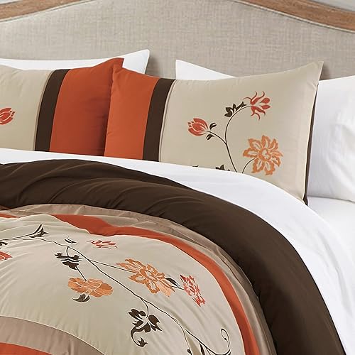 Miniatura 3 de Chezmoi Collection Daphne Bed in a Bag - Juego de edredón tamaño Queen de 7 piezas con sábanas, bordado floral otoñal, naranja, marrón, gris pardo