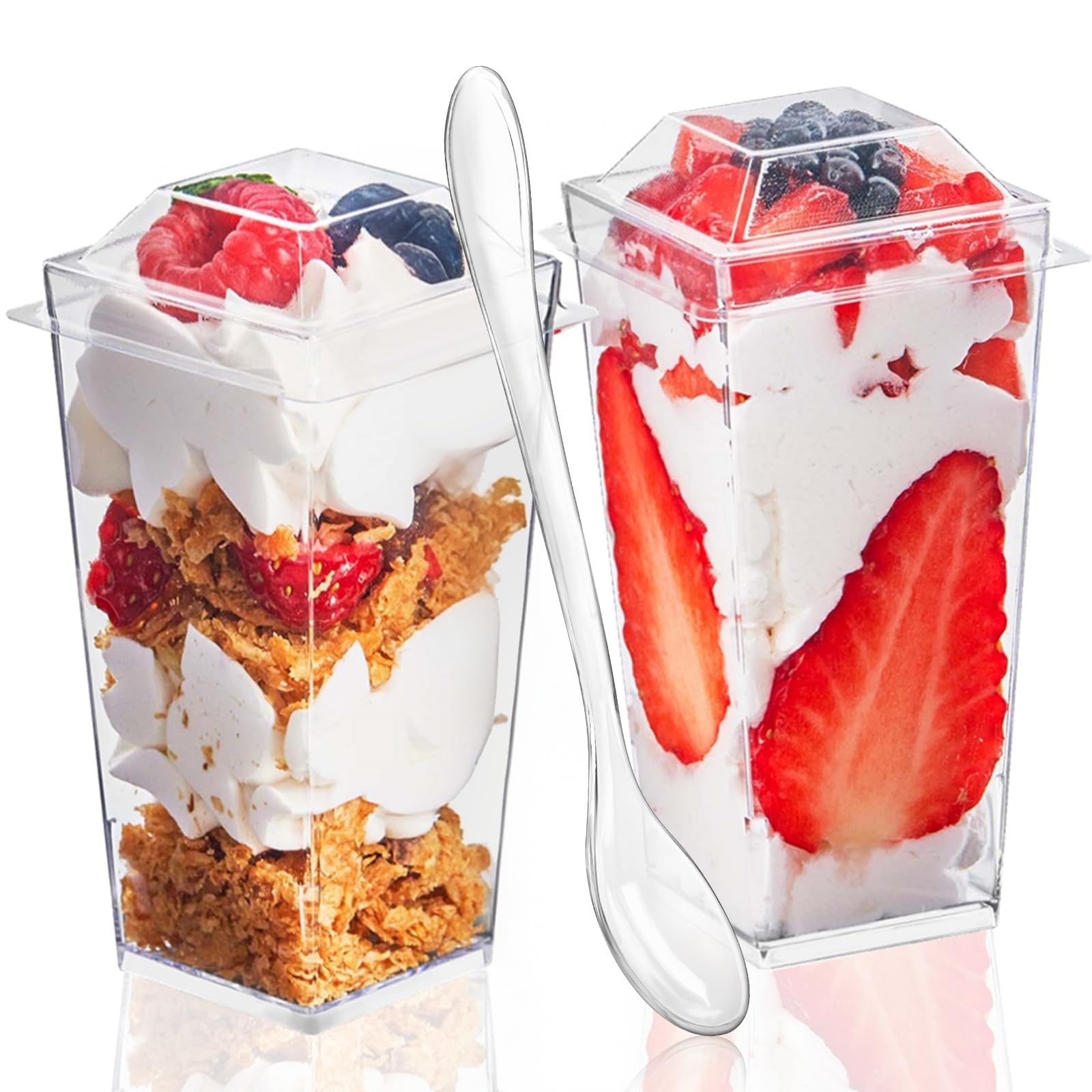 TOFLEN 50 Pack 3 oz Square Mini Dessert Cups with Lids and Spoons Clear Plastic Dessert Shooter Cups for for Party, Yogurt, Parfait, Cheesecake,