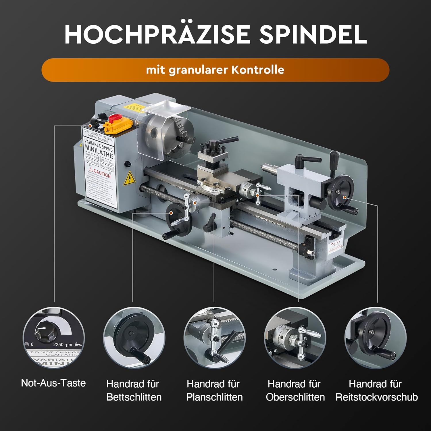 Diagram showing the various handwheels and controls on the CREWORKS Mini Metal Lathe