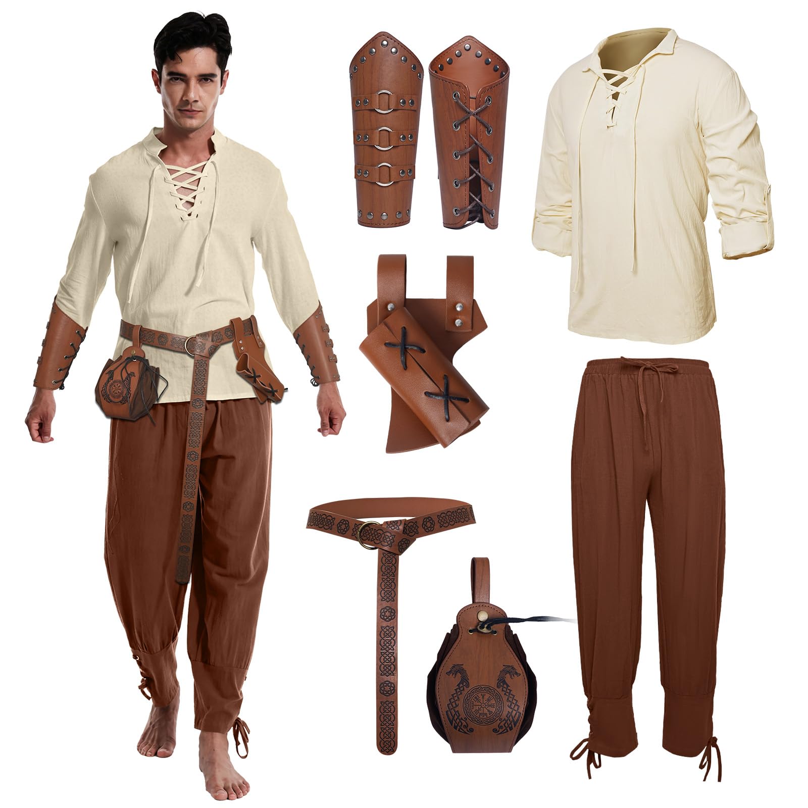 Medieval Clothing Men's Viking Costume Set with Men's Medieval Pirate, Medieval Trousers with Men's Arm Guards/Knight Belt/Retro Pirate Gold Coin Bag/Sword Bag (White Brown, 3XL)