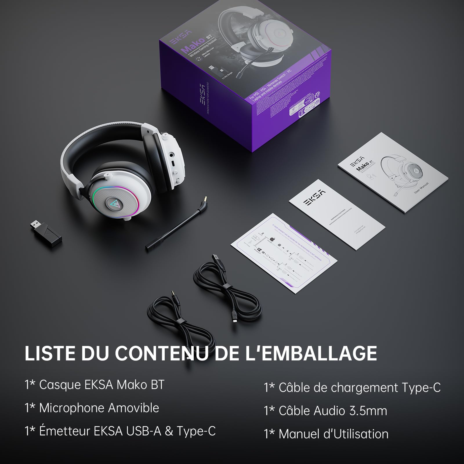 EKSA Casque Gaming sans Fil, 2,4 GHz Casque Gamer pour PS5/PS4/PC/Switch/Mac, Casque Bluetooth 5.3 avec Microphone, Latence de 30MS, Durée D'utilisation Maximale 80H, RVB, USB&USB-C,Blanc