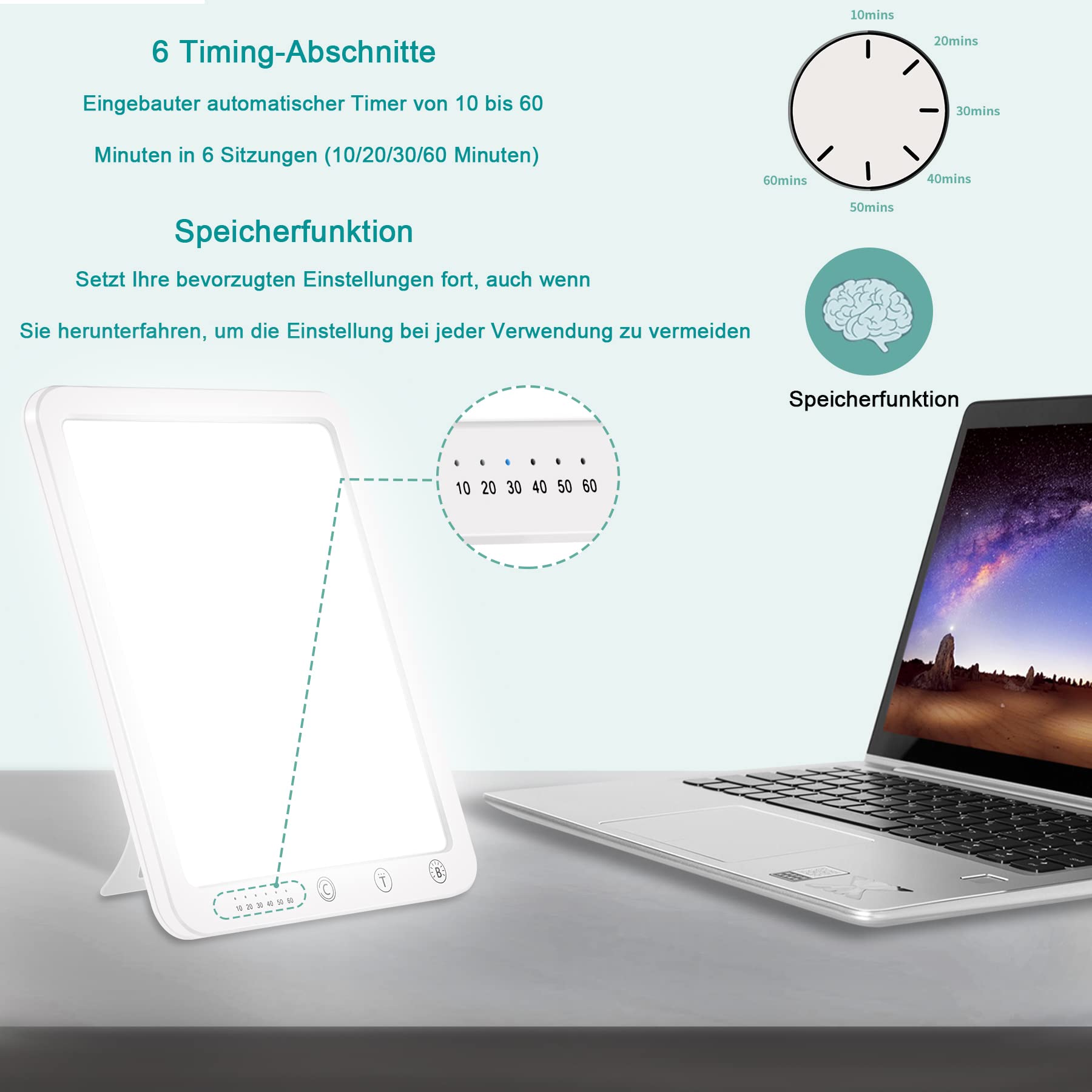 Tageslichtlampe 10000 Lux,Energy Sonnenlicht Lampe mit 3 Farbmodi,Tragbare Touch-Steuerung LED Vollspektrumlampe mit 5 Einstellbaren Helligkeiten,UV-Frei,CRI>90,Speicherfunktion&Timer