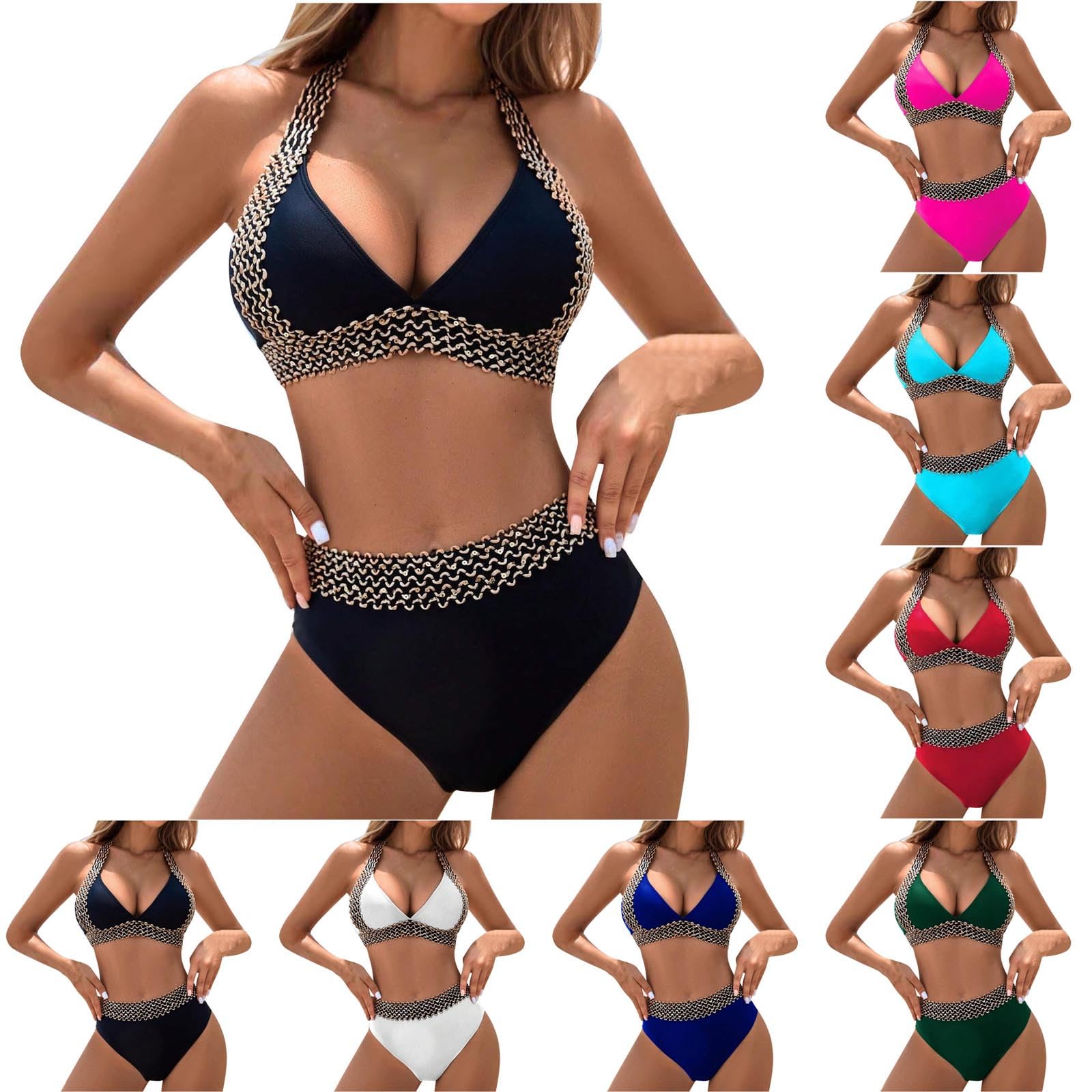 HAOLEI Bikinis Mujer 2025 Push Up Bohemio Traje de Baño 2 Piezas Conjuntos de Bikinis Mujer Cintura Alta Sexy Cuello Halter Cuello en V Control de Vientre Bikinis de Playa Verano Reductor Barriga