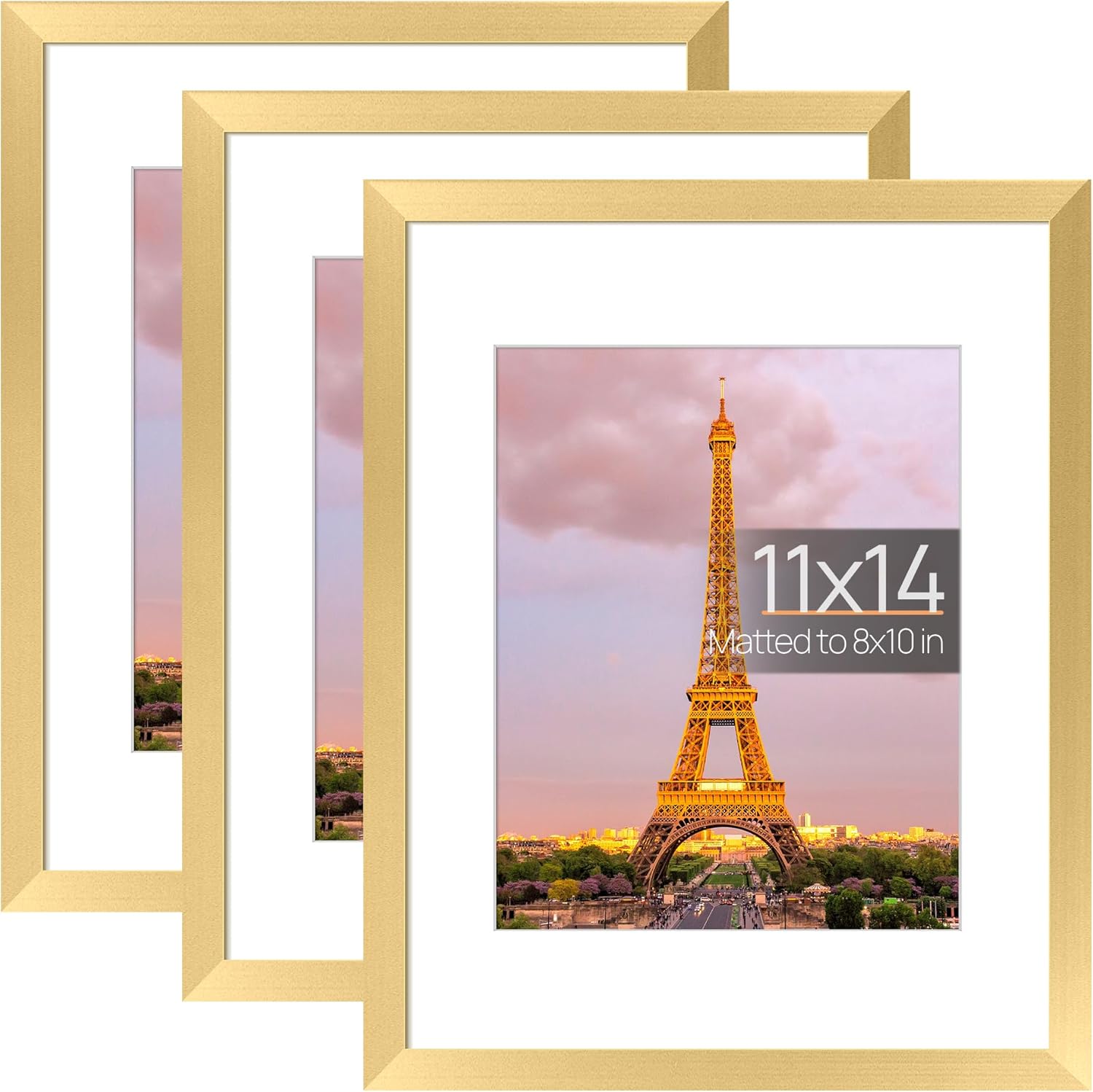 upsimples 11x14 Picture Frame Set of 3, Made of High Definition Glass for 8x10 with Mat or 11x14 Without Mat, Wall and Tabletop Display Photo Frames, Gold