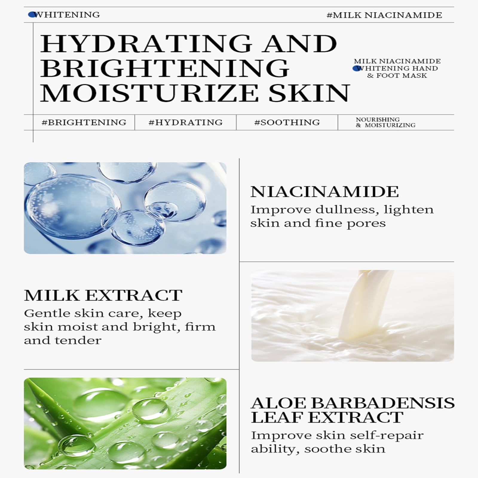 Milk Niacinamide Maschera idratante per le mani, 6 maschere per le mani con latte e niacinamidi, maschera per la cura intensiva delle mani contro le mani secche, per pelli delicate e luminose