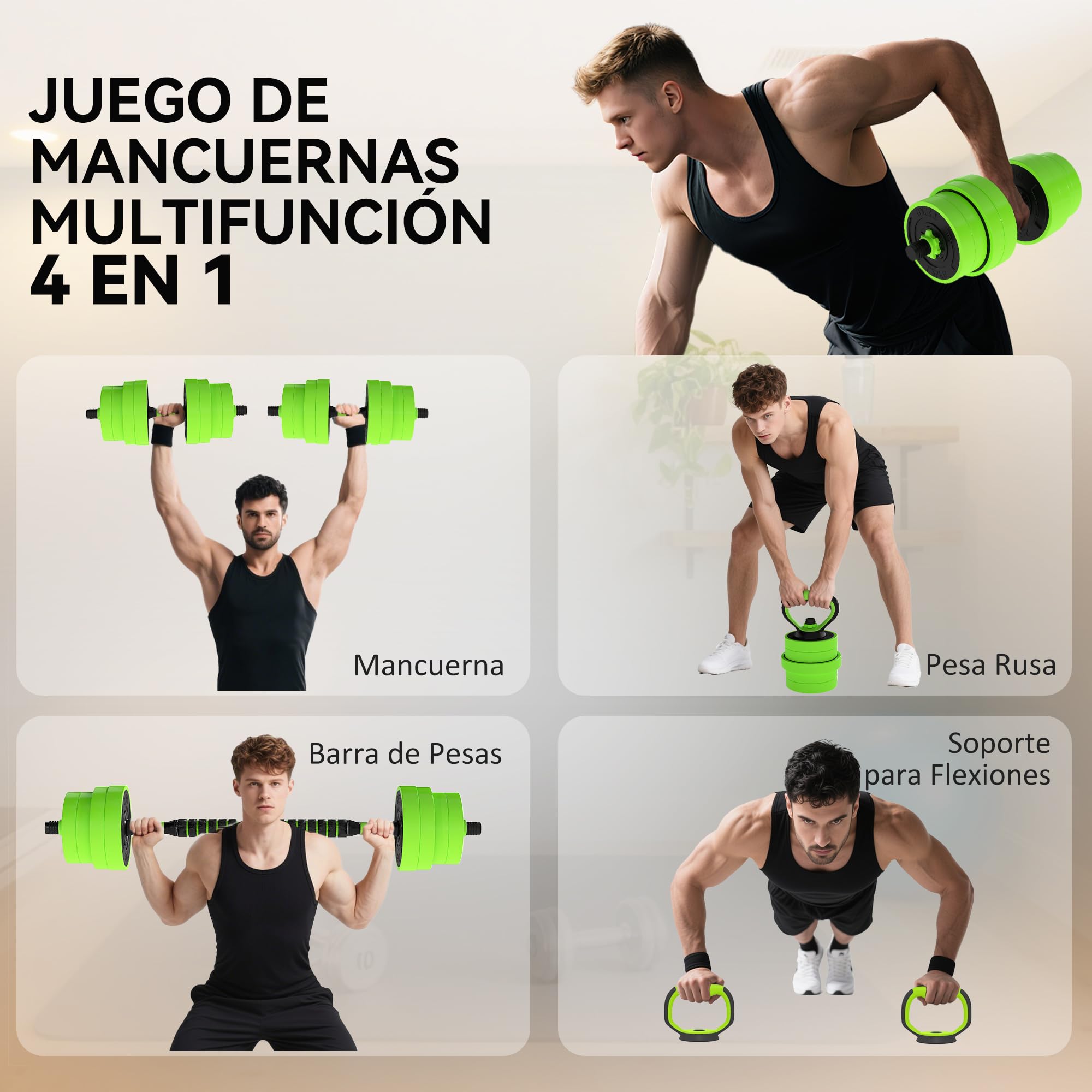 SPORTNOW Juego de Mancuernas Ajustables 4 en 1 20kg a 30kg, Juego de Pesas como Kettlebell, Barra, Mancuernas o Soporte para Flexiones, Equipo de Fitness para Hombres y Mujeres, Casa Gimnasio