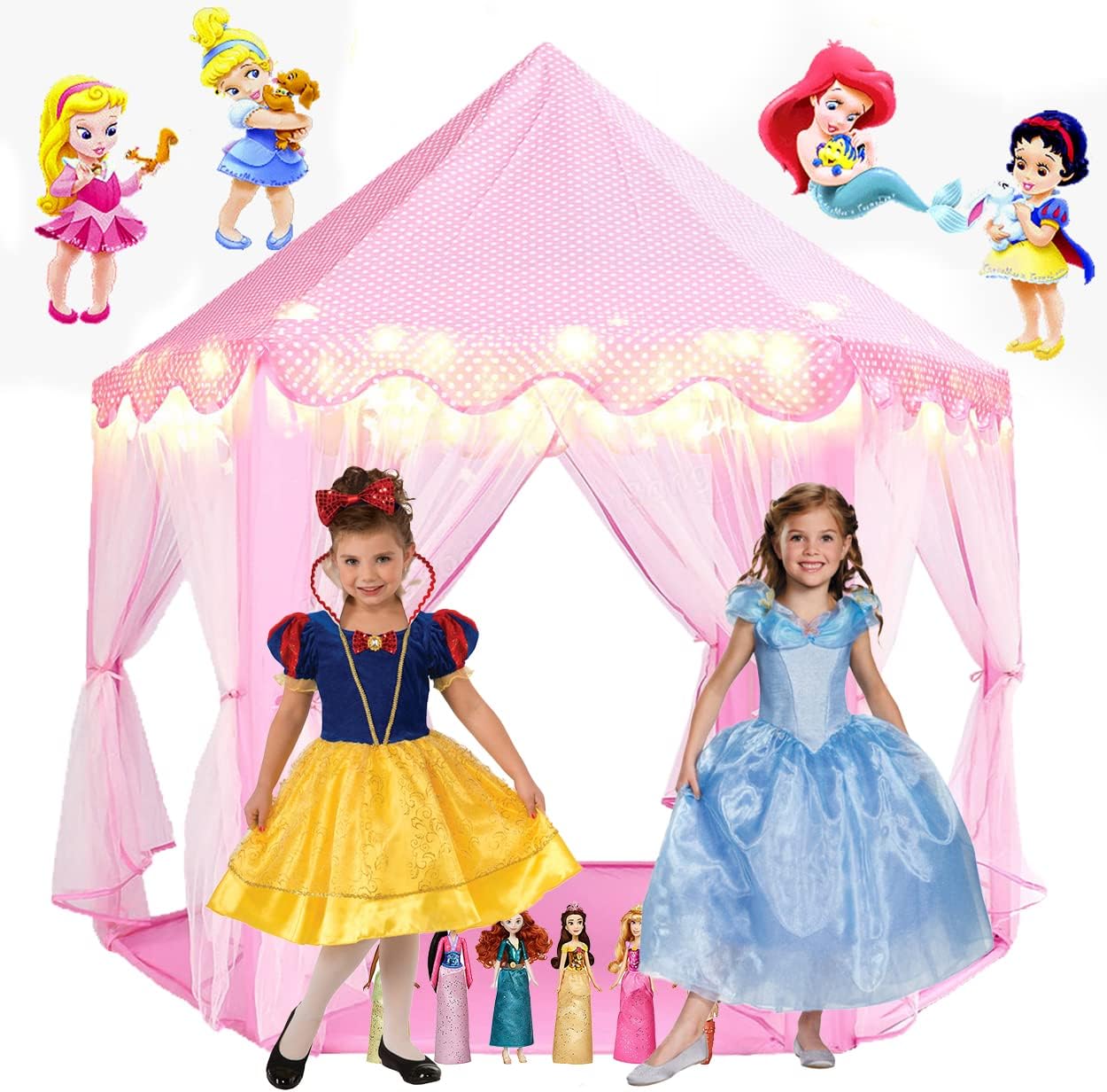 LimitlessFunN Princess Tent Bonus Star Lights, Girls 55" x 53" Large Hexagon Playhouse, Indoor & Outdoor