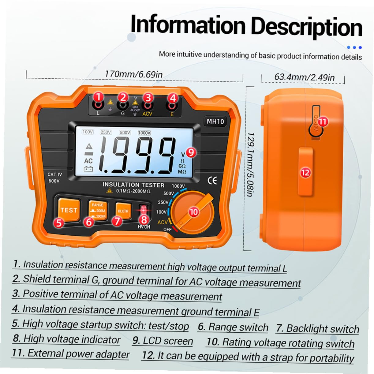 Alipis 1Ensemble Digital Megohmmeter With Backlight Insulation Resistance Tester For Electrical Equipment And Materials