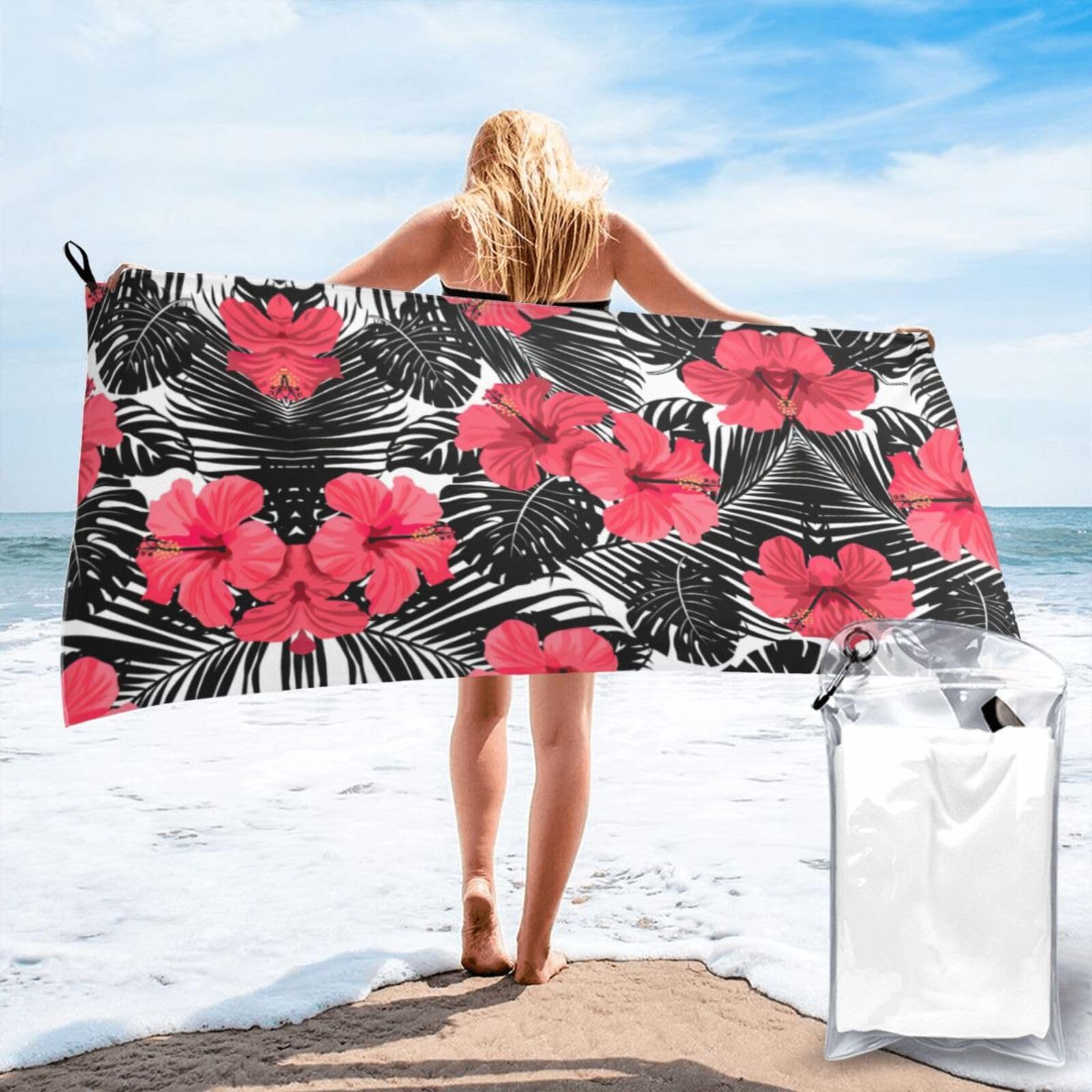 SDEGTHO Red Hibiscus Print Beach Towel Quick Dry Portable For Swimming Yoga Adults Fitness