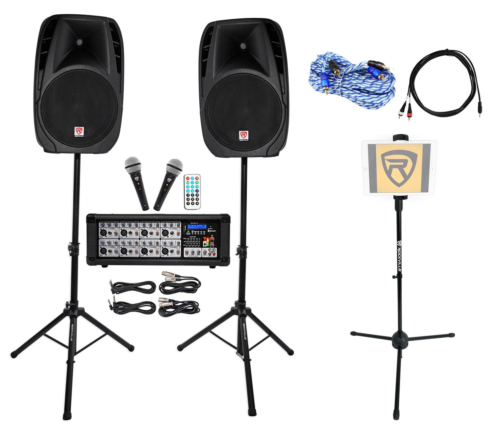 Rockville Bundle:(1) RPG2X15 BX 2: (1)Speaker,(2)XLR cable,(2)speaker cables Bundle with Includes 1 Speaker, 1 mixer,stands, 2 mic,(1)iStand Tripod Stand (1) RCA Cable, (1)10' 3.5mm RCA Cable(5 Items)